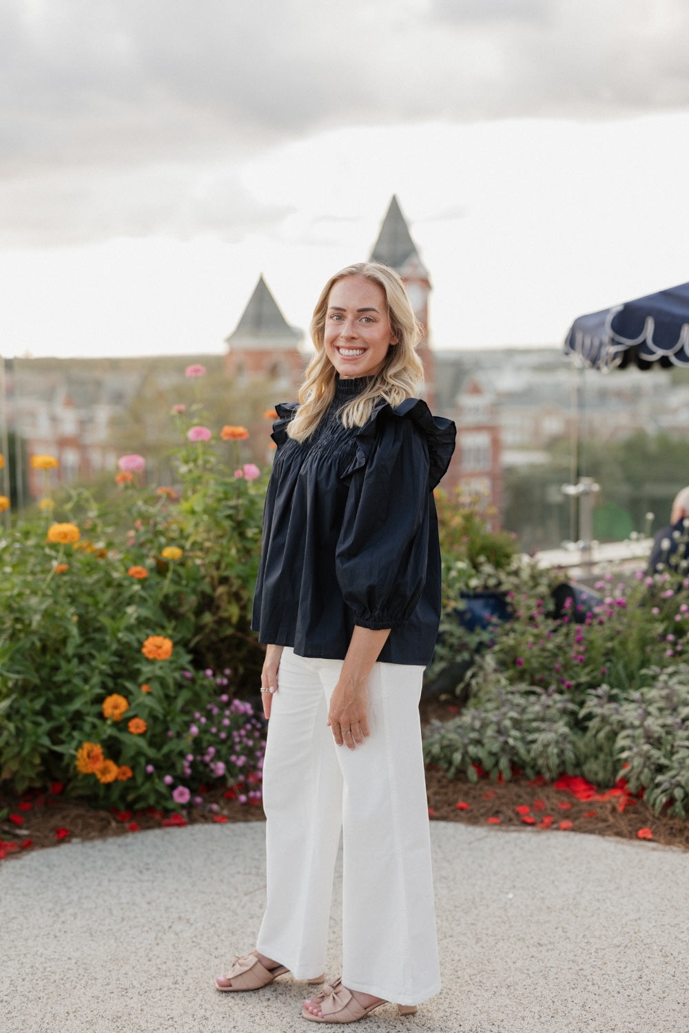 Navy Ruched Flutter Sleeve Top