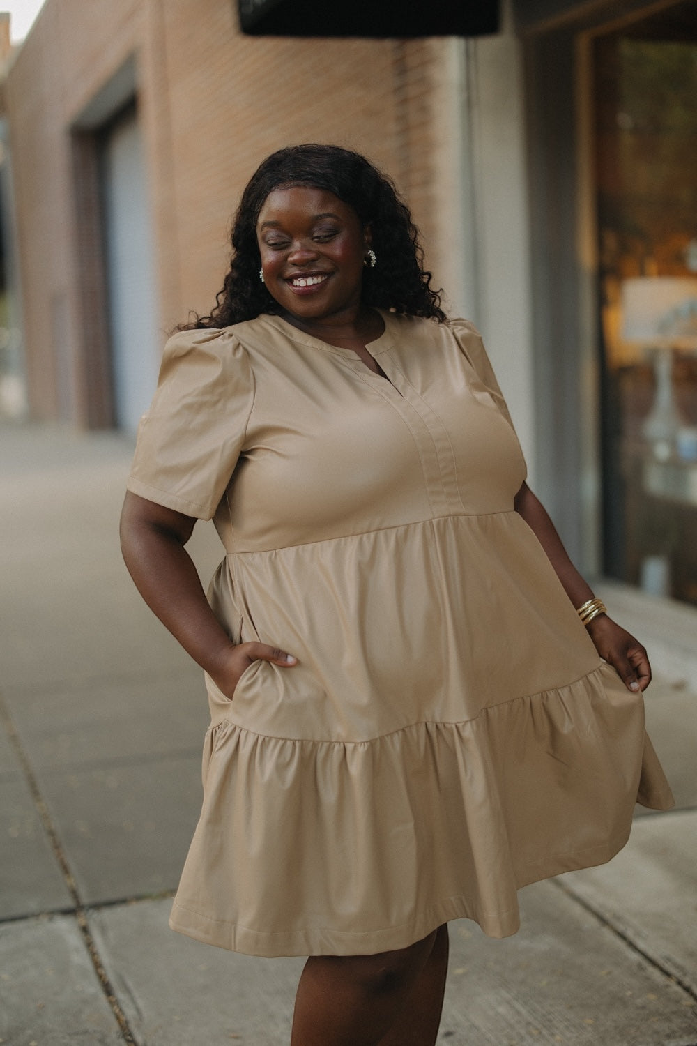 Oddi Mayci Short Sleeve Leather Dress in Tan s 3xl