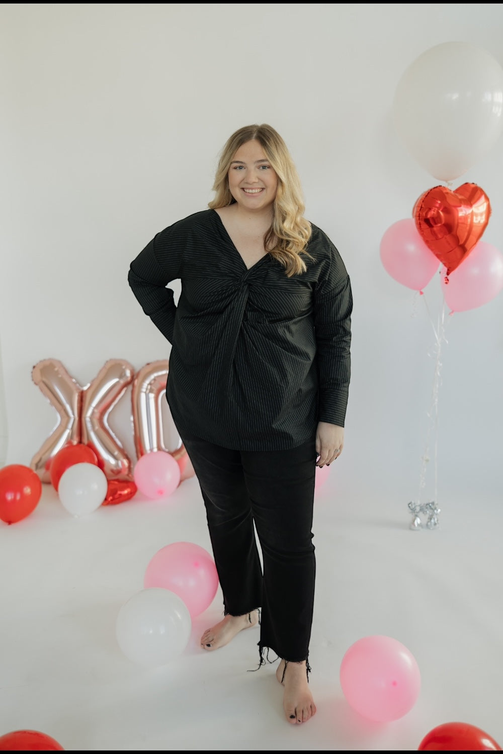 Skye Black Pinstripe Button Back Top (S-3XL)