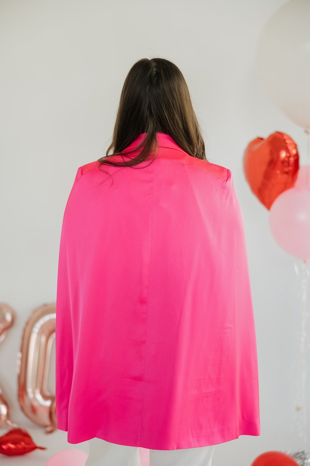 Hyper Pink Satin Double Breasted Cape Blazer