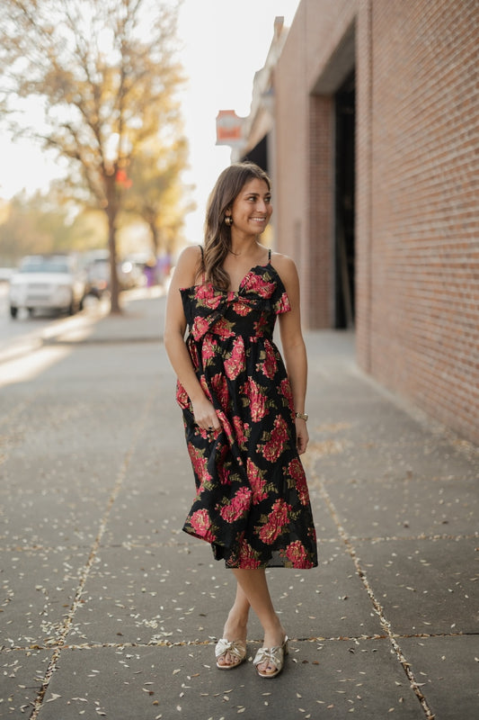 Scarlet Blossom Noir Bow Midi Dress