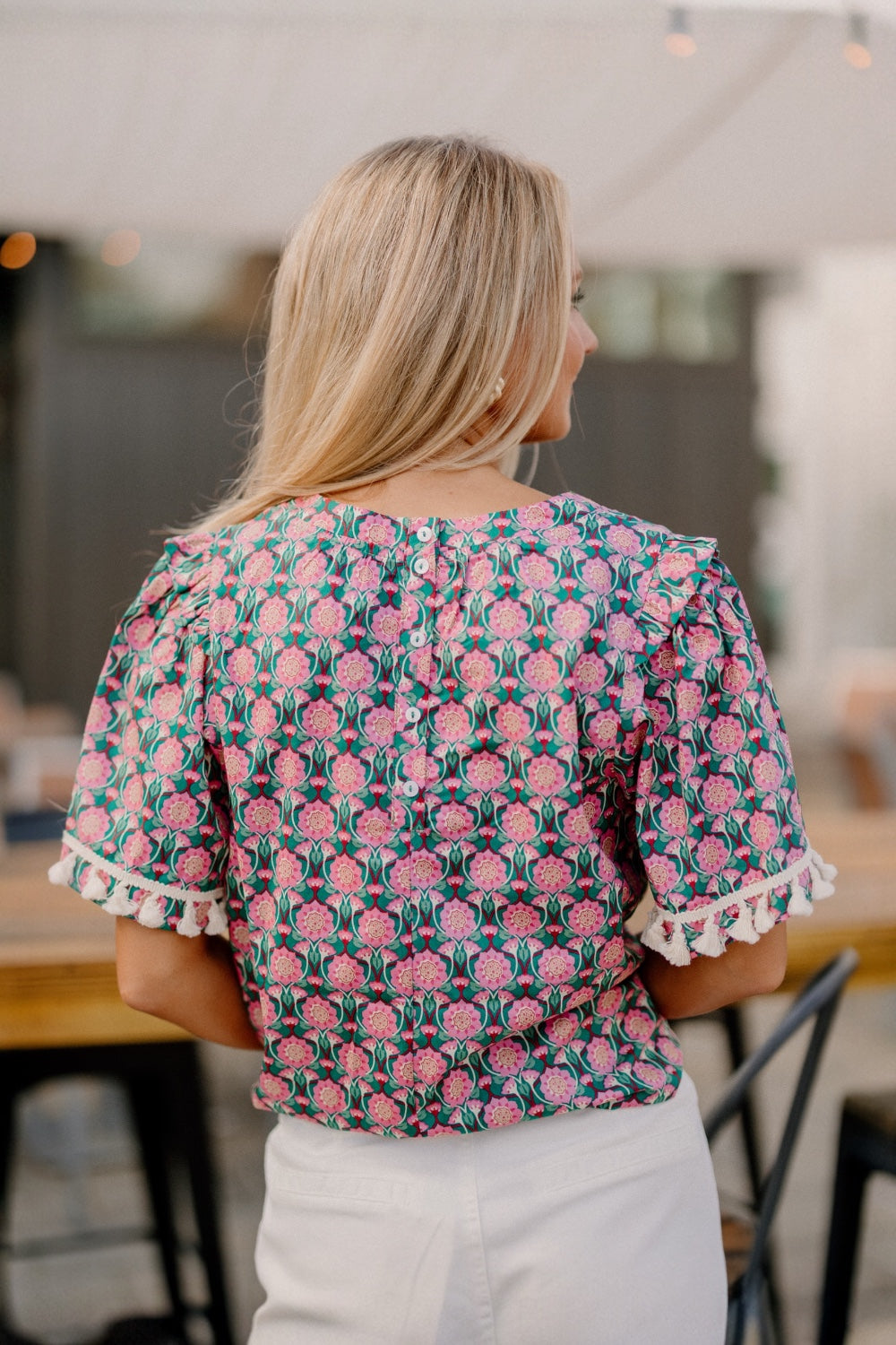 Fi Fringe Trim Short Sleeve Floral Top