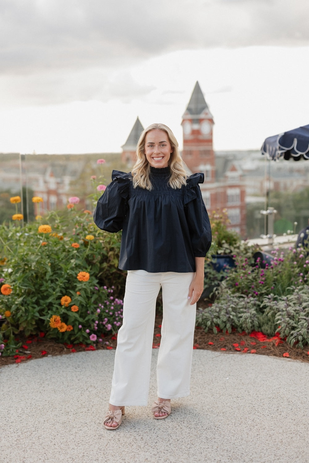 Navy Ruched Flutter Sleeve Top