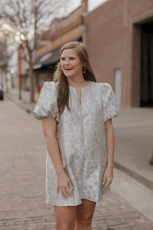 Sandra Slate Blue Floral Jacquard Mini Dress