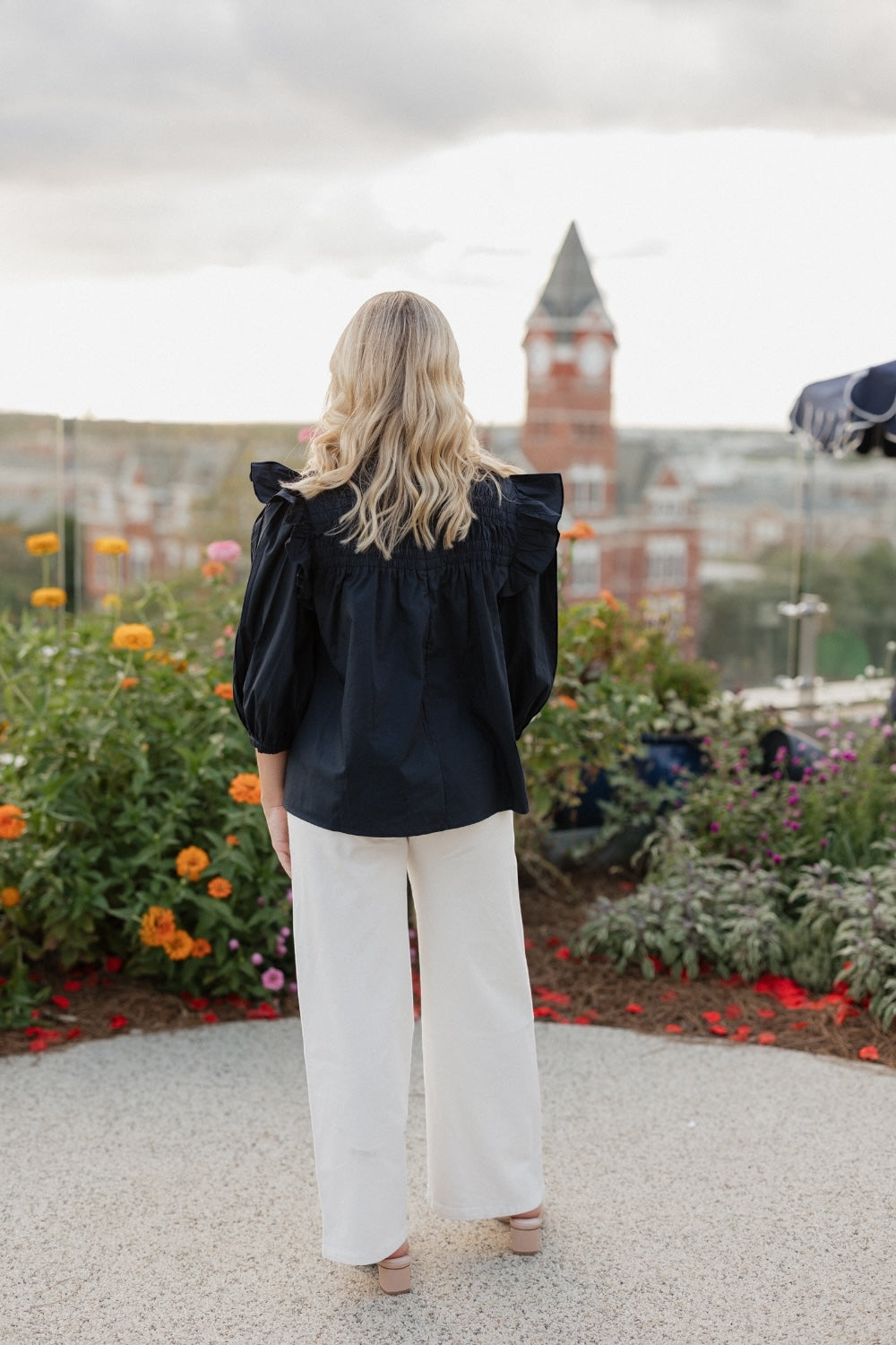 Navy Ruched Flutter Sleeve Top