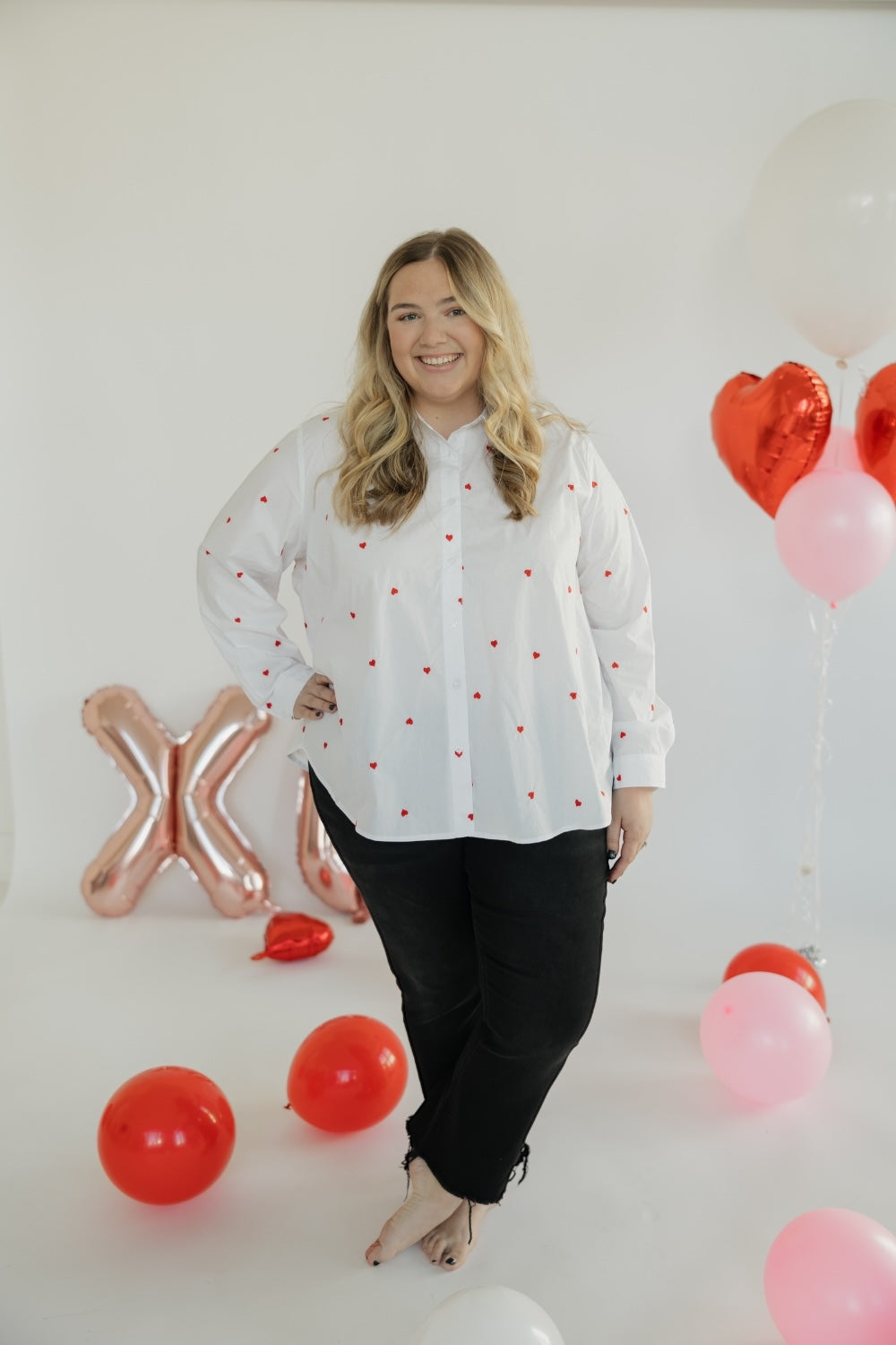 Heart Poplin White Button Up Blouse