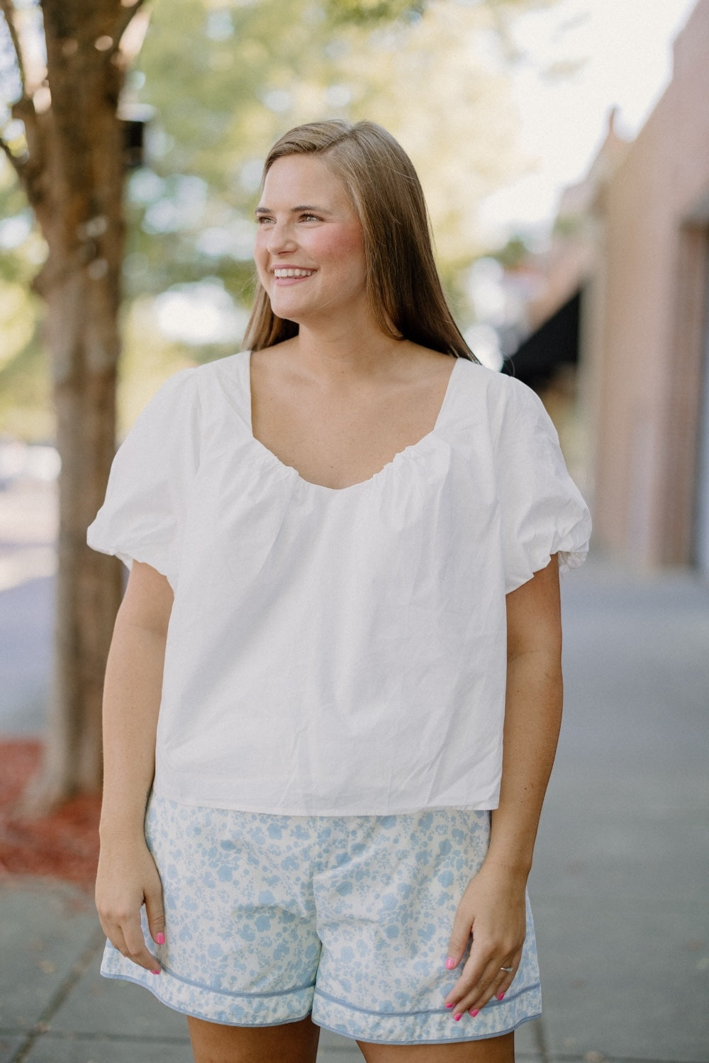 White Poplin Bubble Sleeve Top