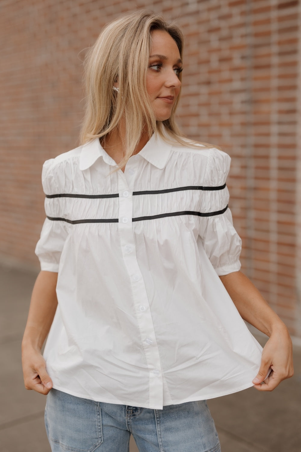 Sherry Contrast Trim White Poplin Button Down