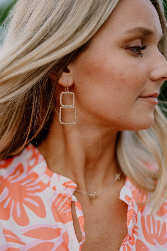 Hammered Double Square Earrings in Gold