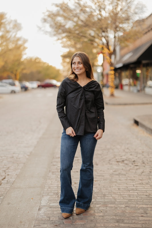 Skye Black Pinstripe Button Back Top (S-3XL)