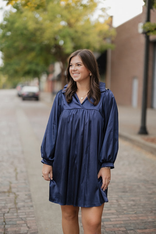 Savannah Navy Ruffle Collar Dress (S-3XL)