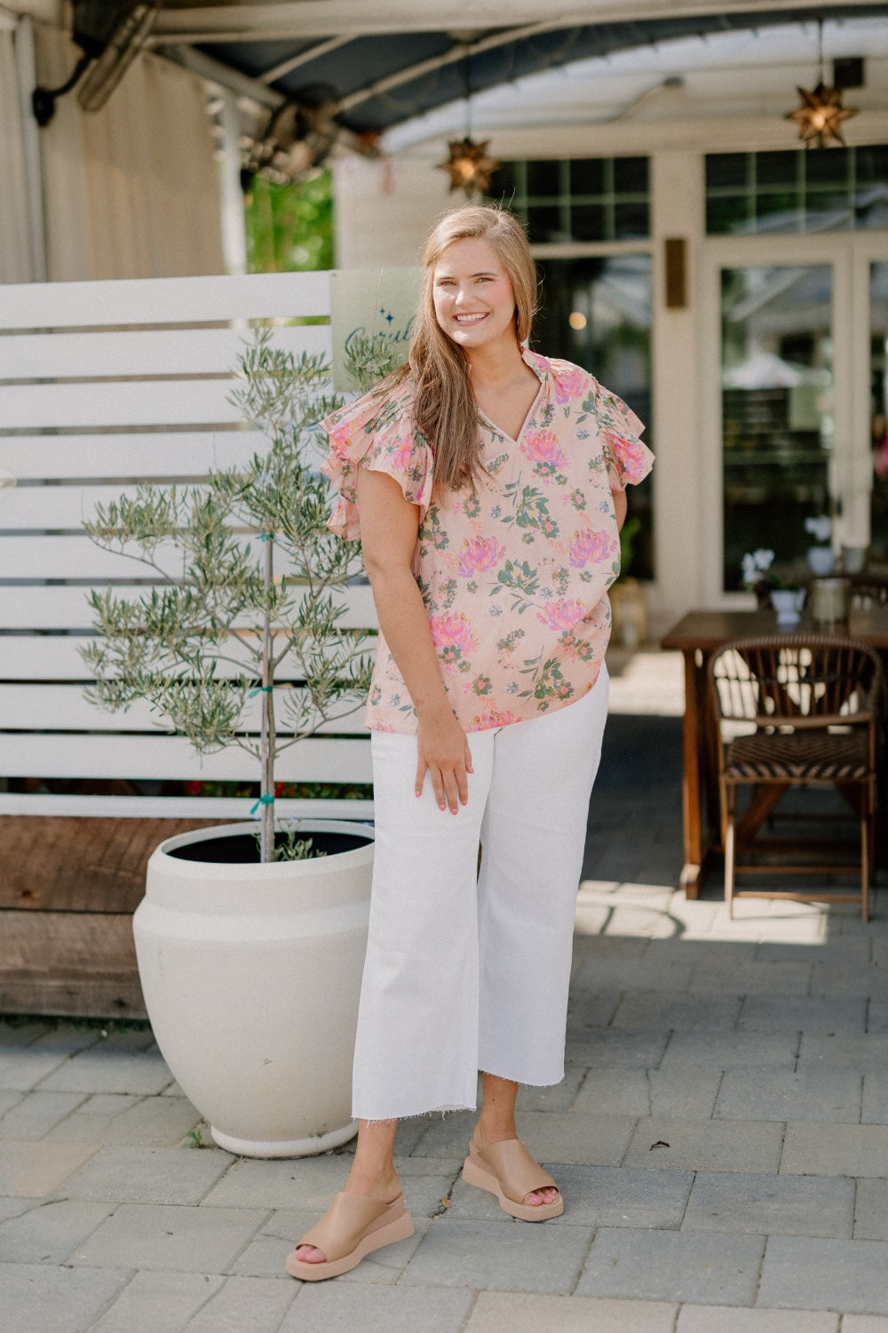 Peachy Floral Ruffle Sleeve Blouse