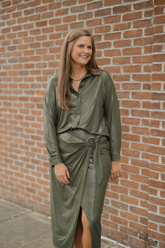 Shimmer Olive Long Sleeve Button Down (XS-3XL)