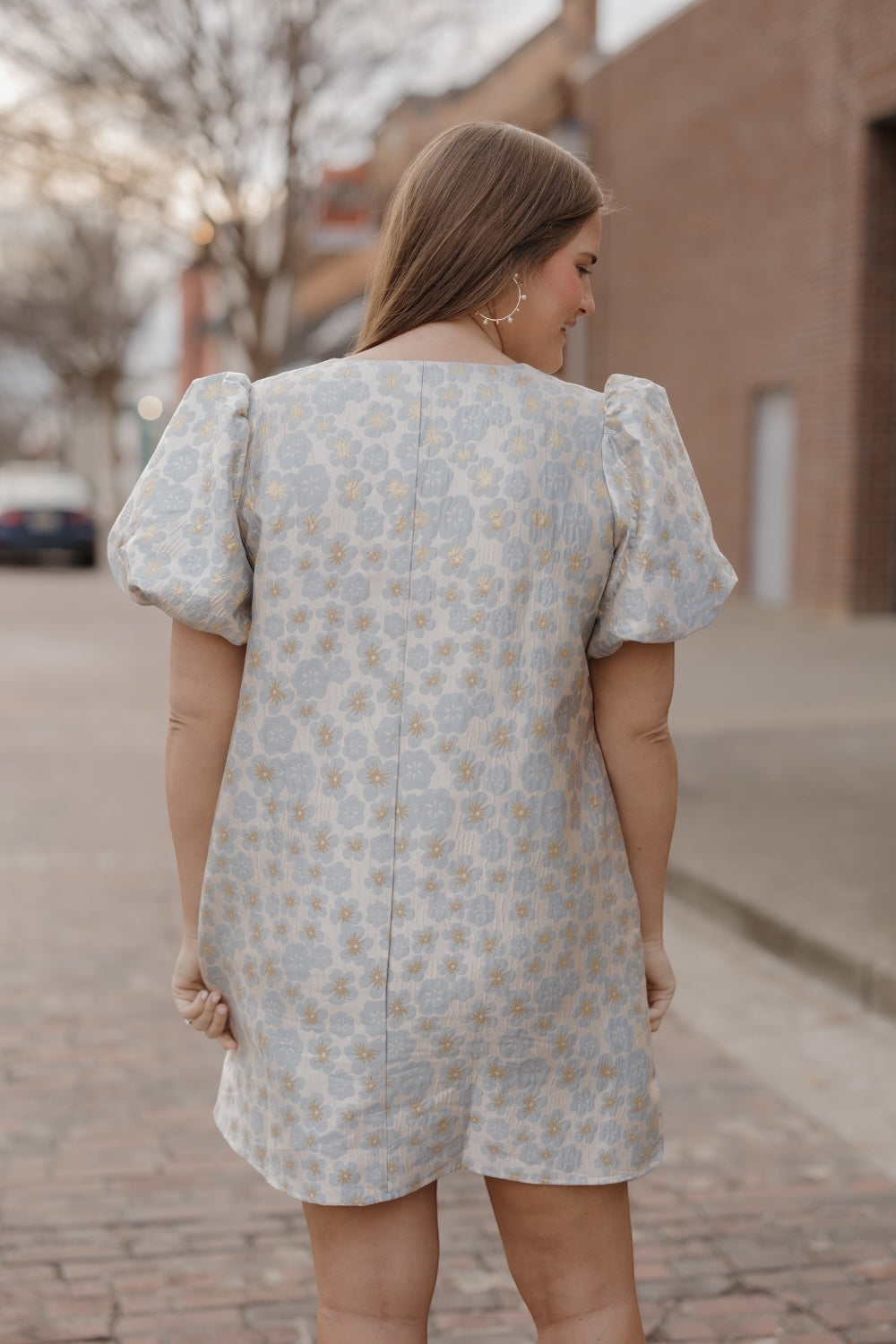 Sandra Slate Blue Floral Jacquard Mini Dress