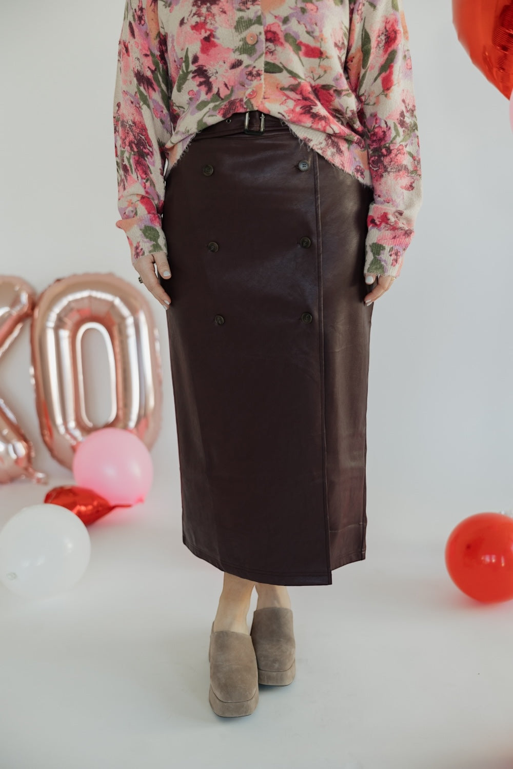 Jackie Plum Leather Double Button Skirt