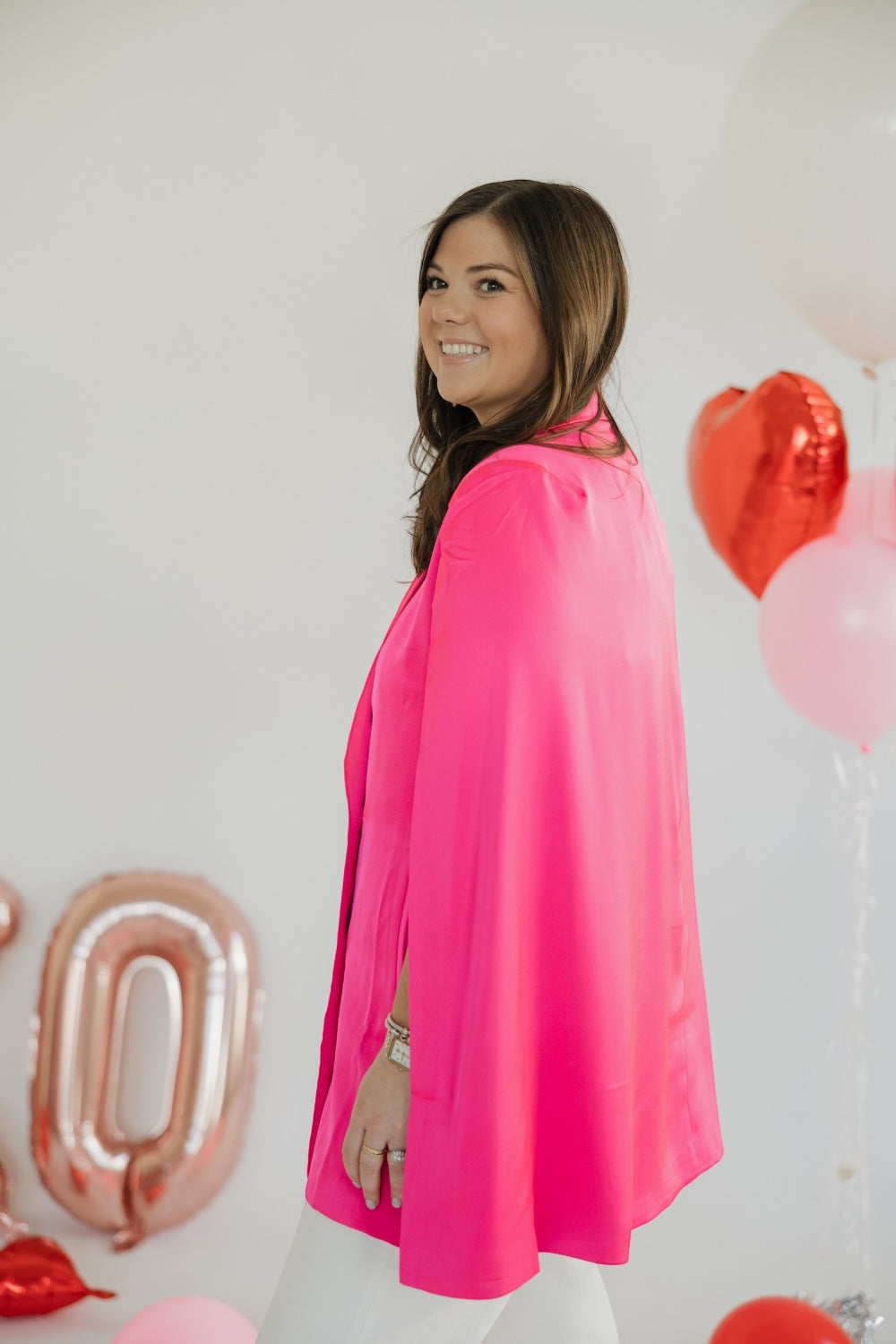 Hyper Pink Satin Double Breasted Cape Blazer