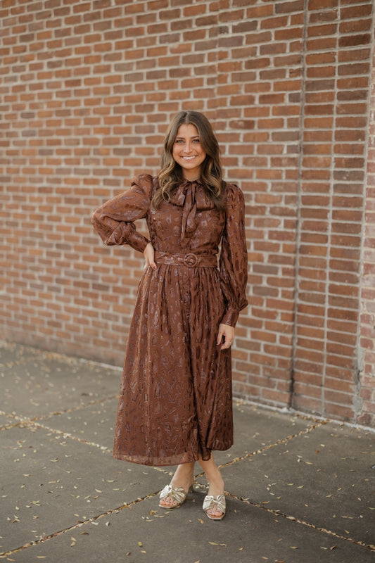 Paige Brown Printed Long Sleeve Belted Midi Dress