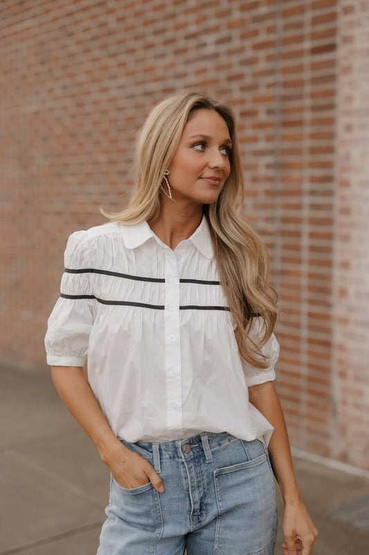 Sherry Contrast Trim White Poplin Button Down