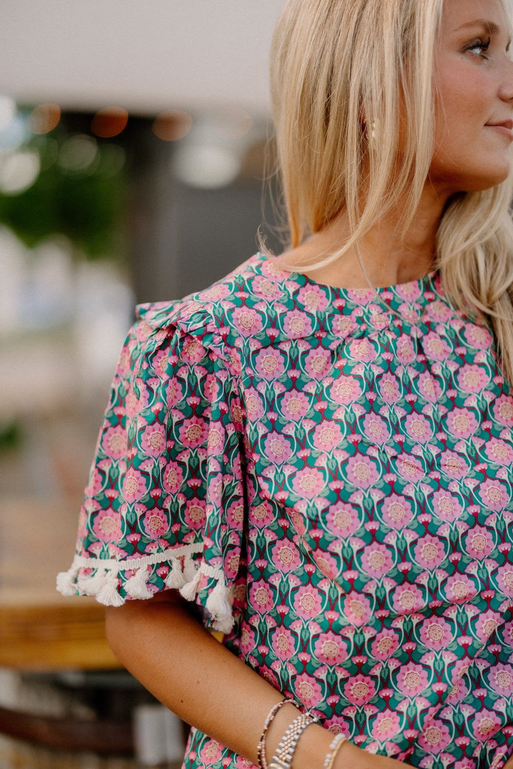 Fi Fringe Trim Short Sleeve Floral Top