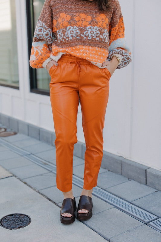 Rust Elastic Waist Leather Pants