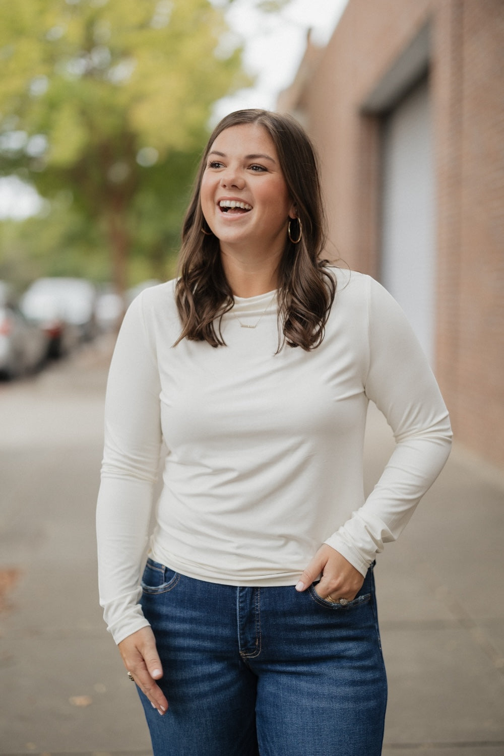 White Long Sleeve Boat Neck Crew