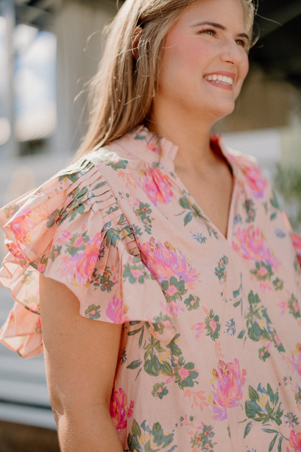 Peachy Floral Ruffle Sleeve Blouse