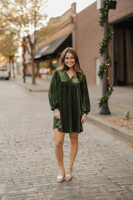 Savannah Olive Velvet Ruffle Collar Dress (S-3XL)