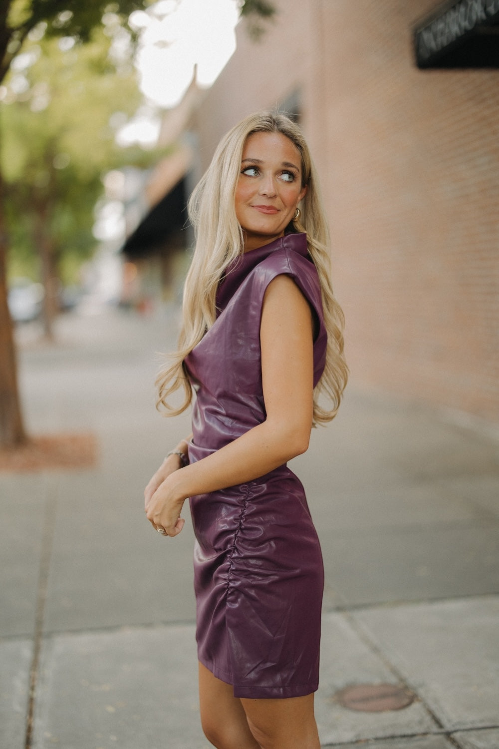 Plum Ruched Leather Dress