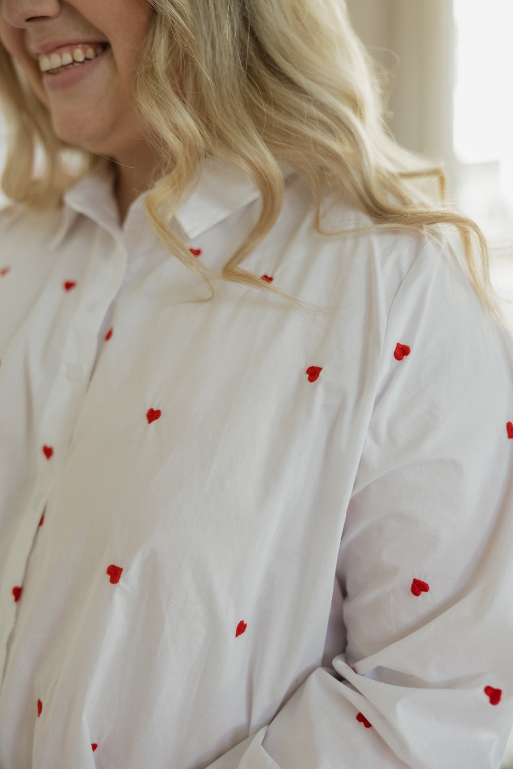 Heart Poplin White Button Up Blouse