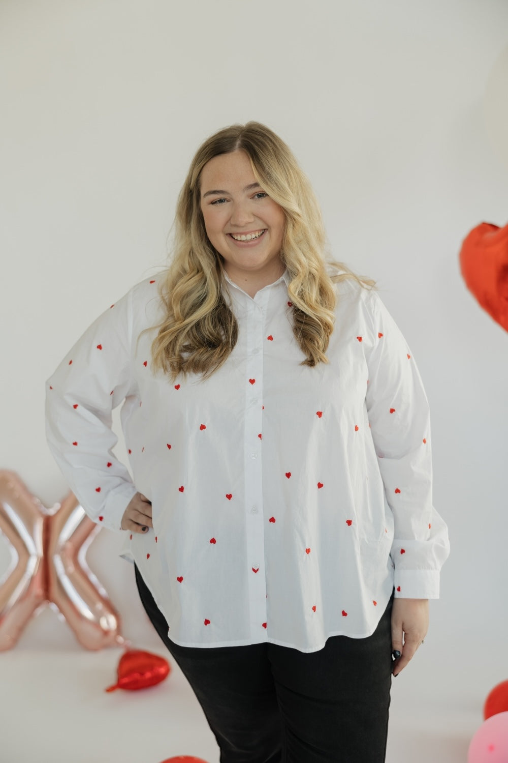 Heart Poplin White Button Up Blouse