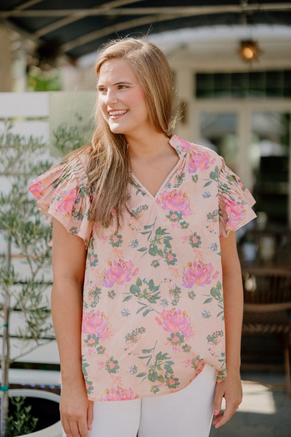 Peachy Floral Ruffle Sleeve Blouse