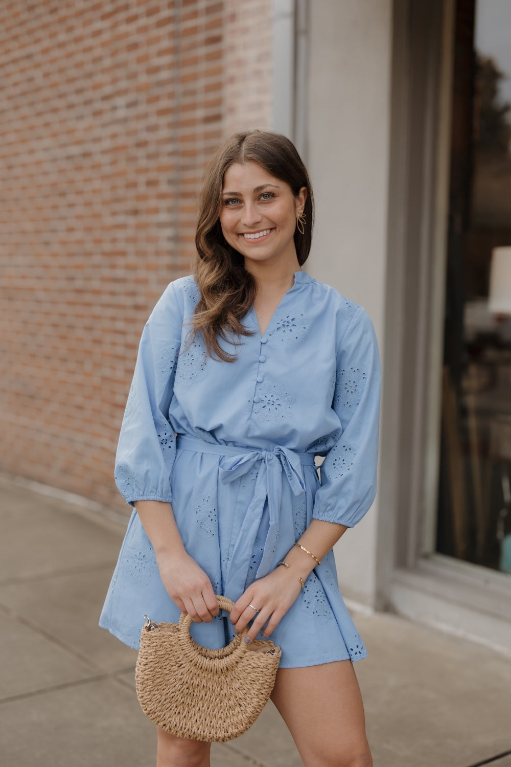 Sarah Slate Blue Eyelet Dress