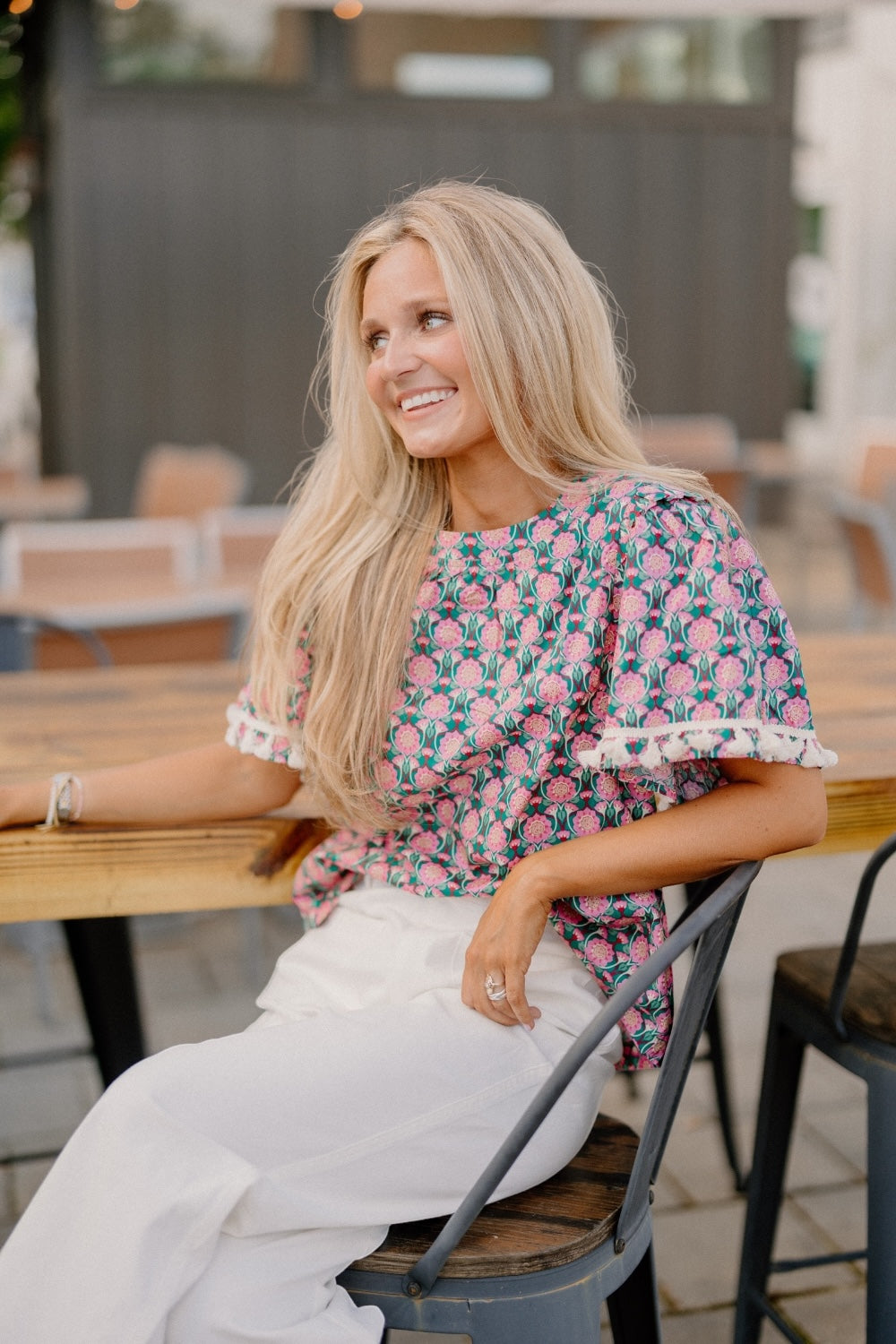 Fi Fringe Trim Short Sleeve Floral Top