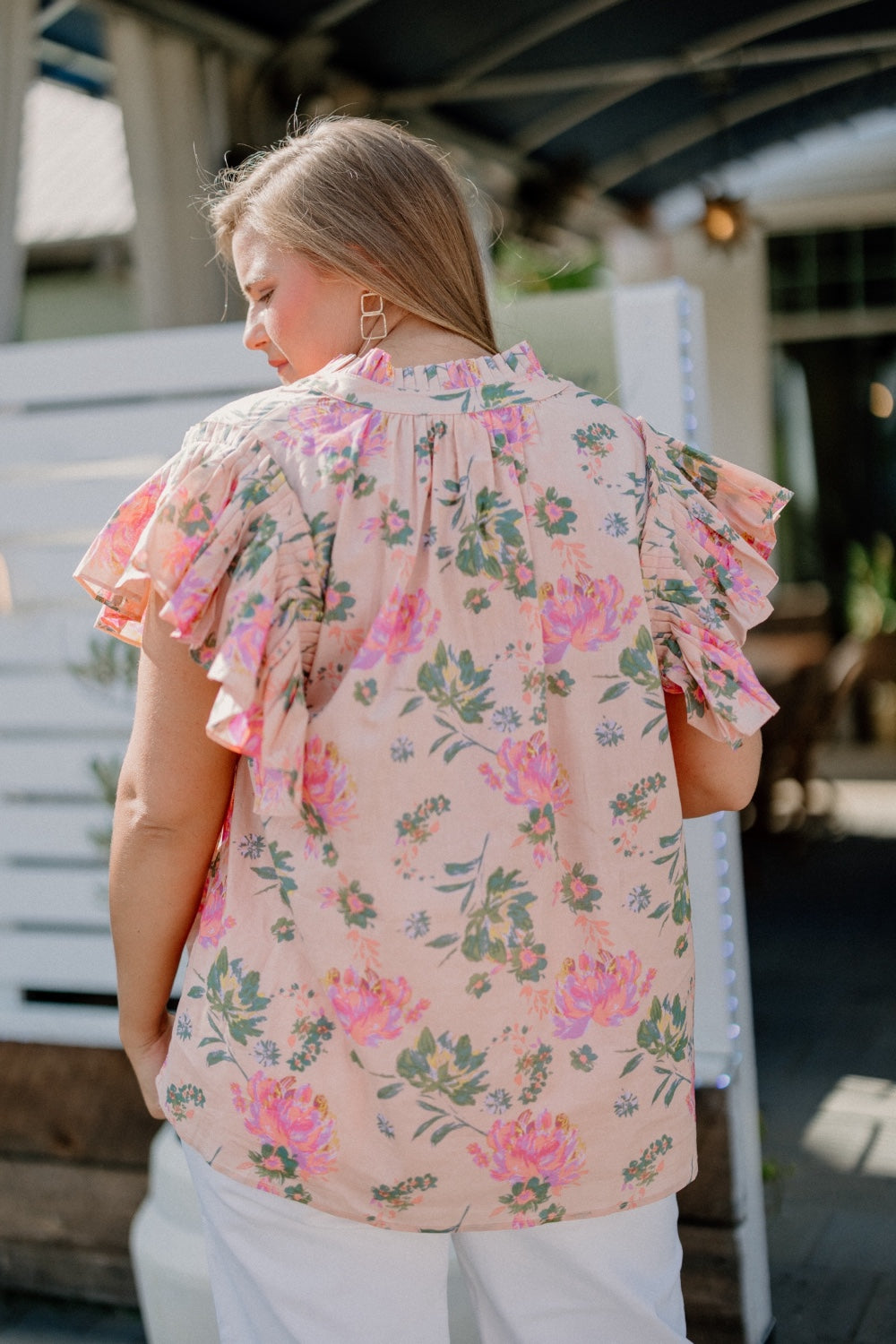 Peachy Floral Ruffle Sleeve Blouse