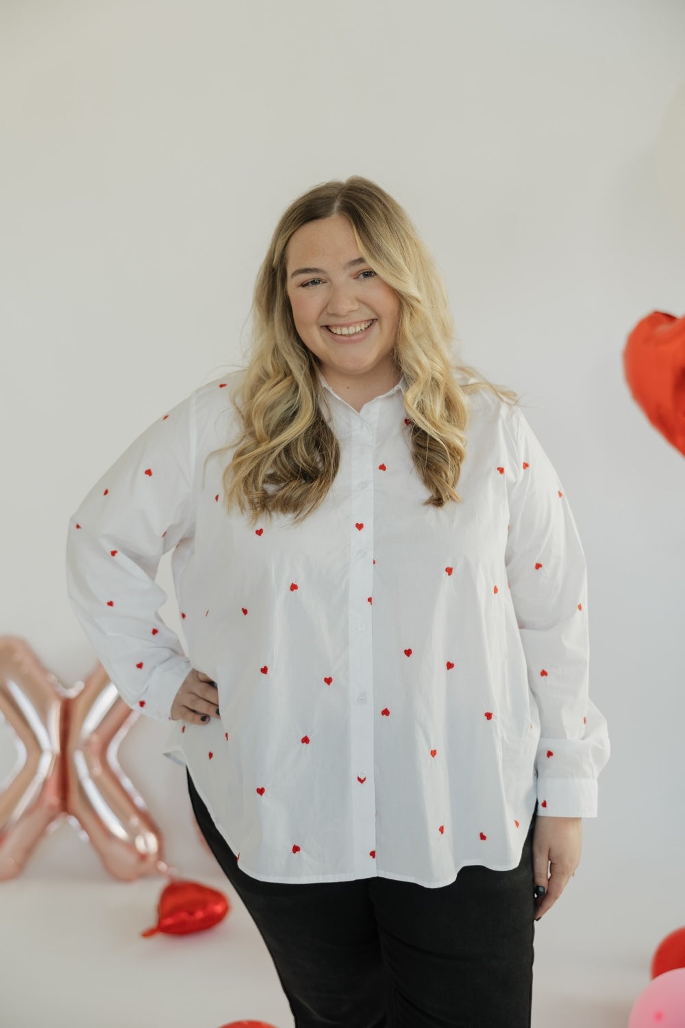 Heart Poplin White Button Up Blouse