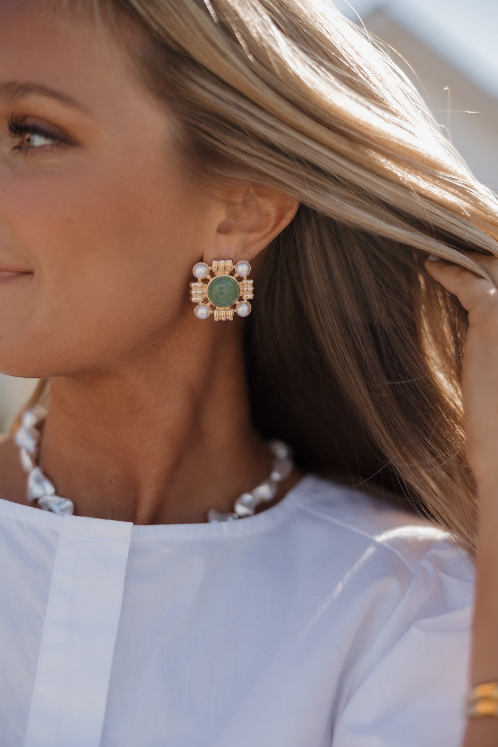 Green Stone & Pearl Earrings