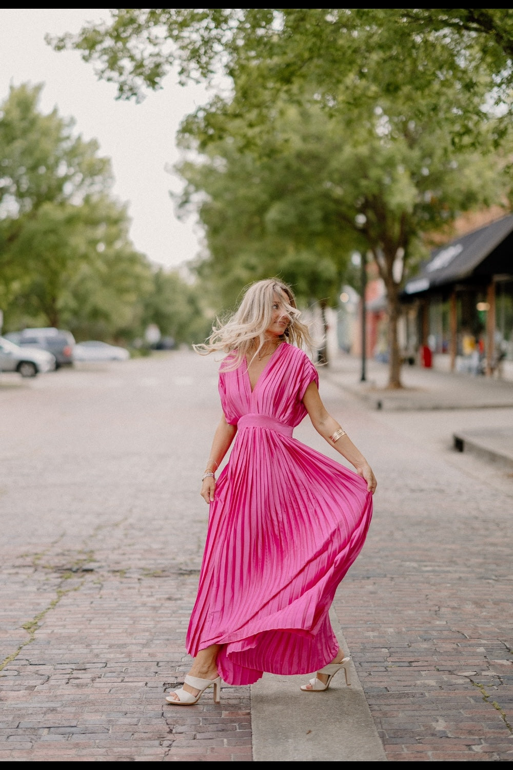 Hayden Hot Pink Pleated Satin Maxi Dress (S-3XL)