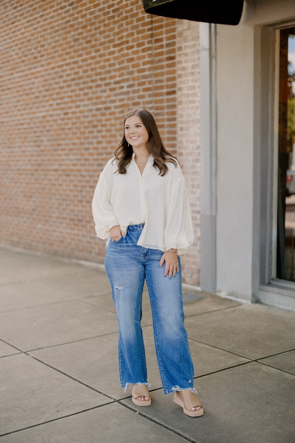 Polly Puff Sleeve Button Down Shirt in White