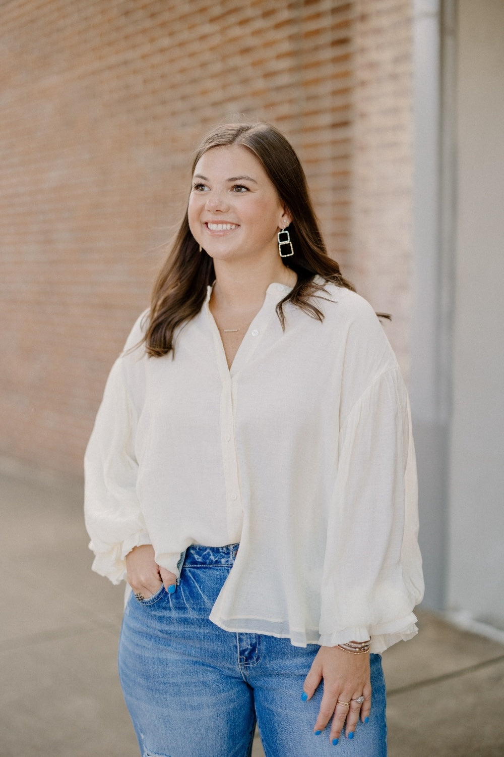 Polly Puff Sleeve Button Down Shirt in White