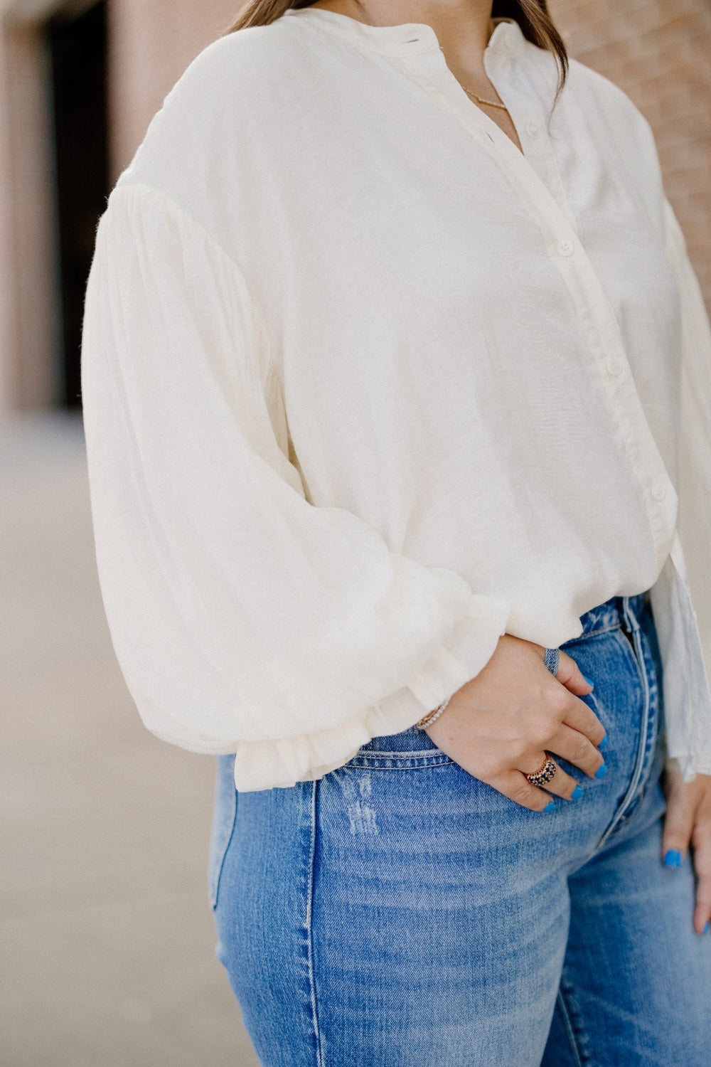 Polly Puff Sleeve Button Down Shirt in White