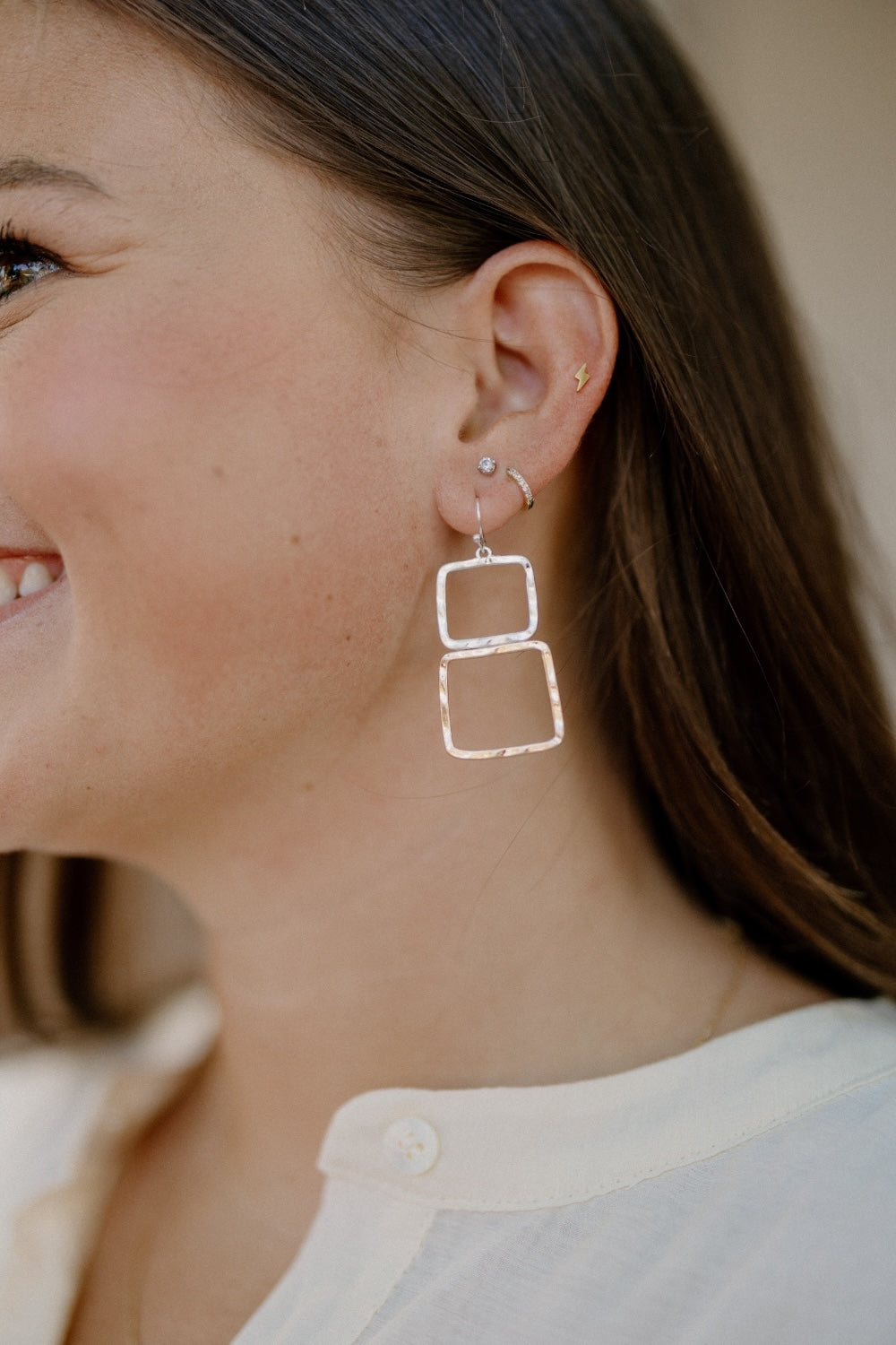 TwoTone Hammered Double Square Earrings